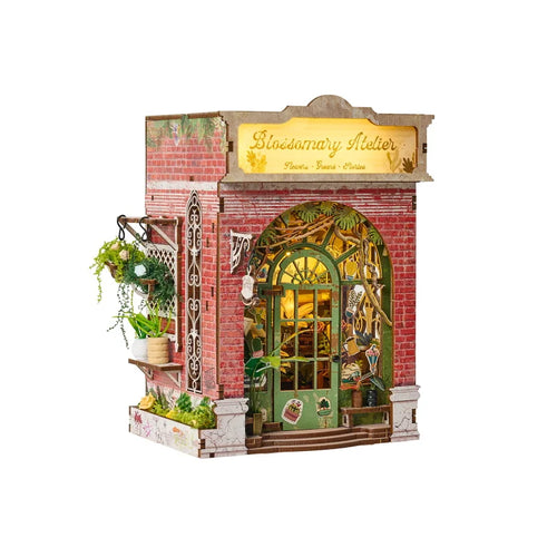 The Blossom Atelier miniature flower shop, front view on white background