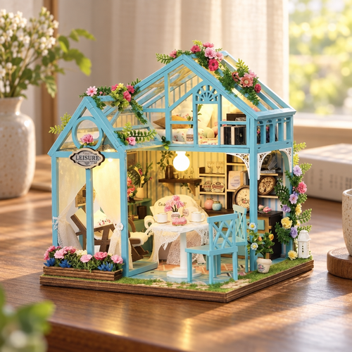 Knowme K1082 Floral Reverie greenhouse miniature in a reading room; assembled model illustration