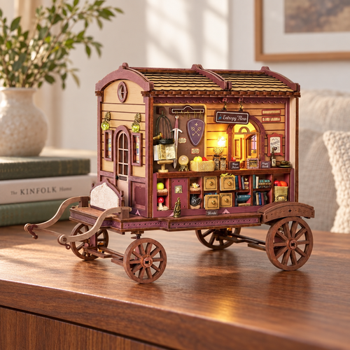 Knowme K1084 Entropy's Flow wooden miniature carriage in a reading room; assembled model illustration