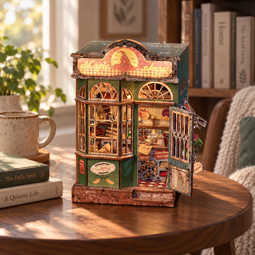 Knowme SL35 Magic Shop wooden book nook in a reading room; assembled model illustration