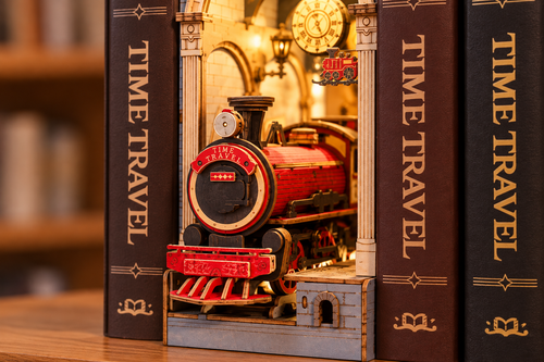 Rolife TGB04 red wooden locomotive and platform details; assembled model illustration