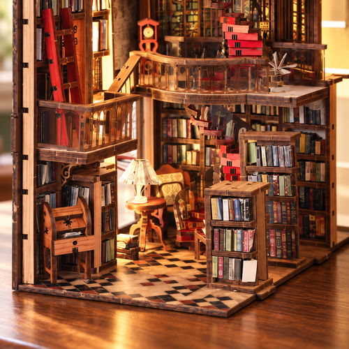 The Abbey Library lower reading area, tiled floor and bookshelf details