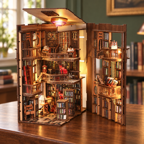 The Abbey Library miniature scene displayed on a walnut console in a reading room