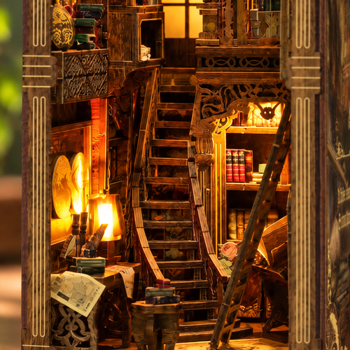 The Archive Room central staircase and carved railing details