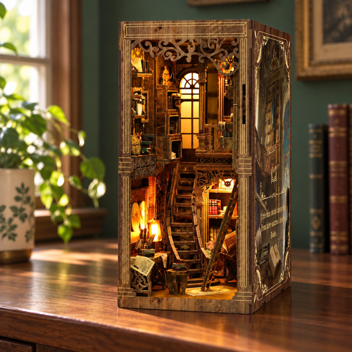 The Archive Room miniature scene displayed on a walnut console in a reading room